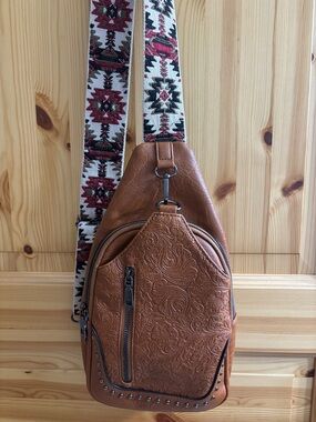 Brown Tooled Leather Sling Bag with Patterned Strap Sam & Hadley